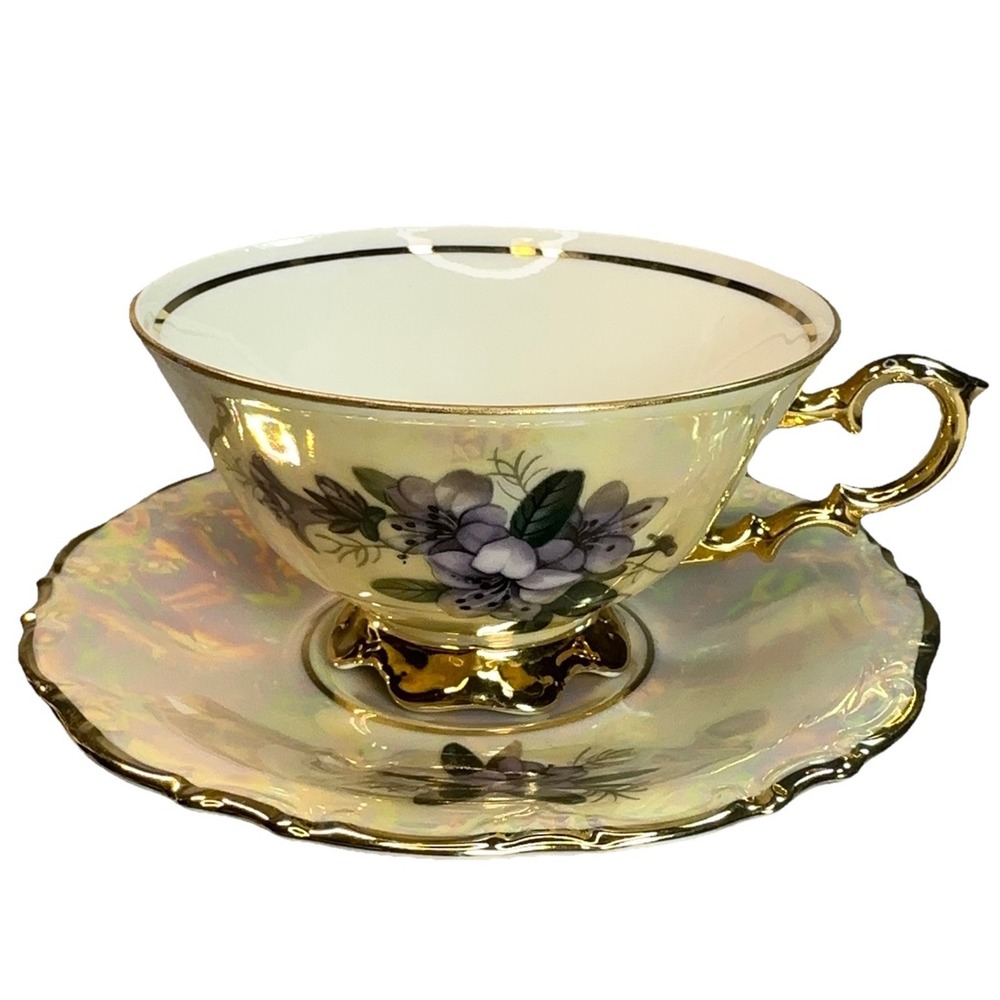 Vintage Waldershof Bavaria Lusterware Tea Cup Saucer Set 22k Gold Handerbait‎